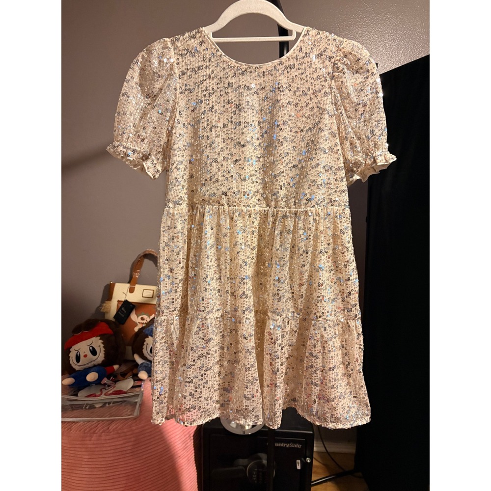 Cat & Jack Girls Cream Sequin Tiered Dress Short Puff Sleeve L 10/12 NWT